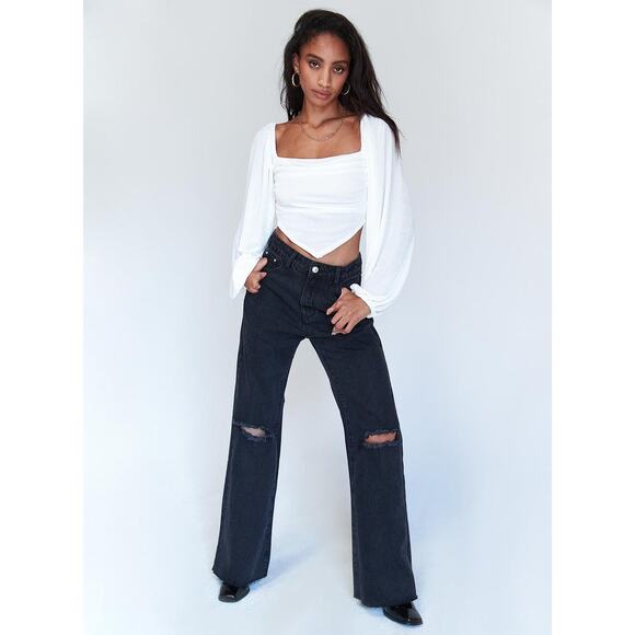 Princess Polly Jeans Denim Ripped Distressed Straight Button Fly Black Size 8 - Picture 1 of 14